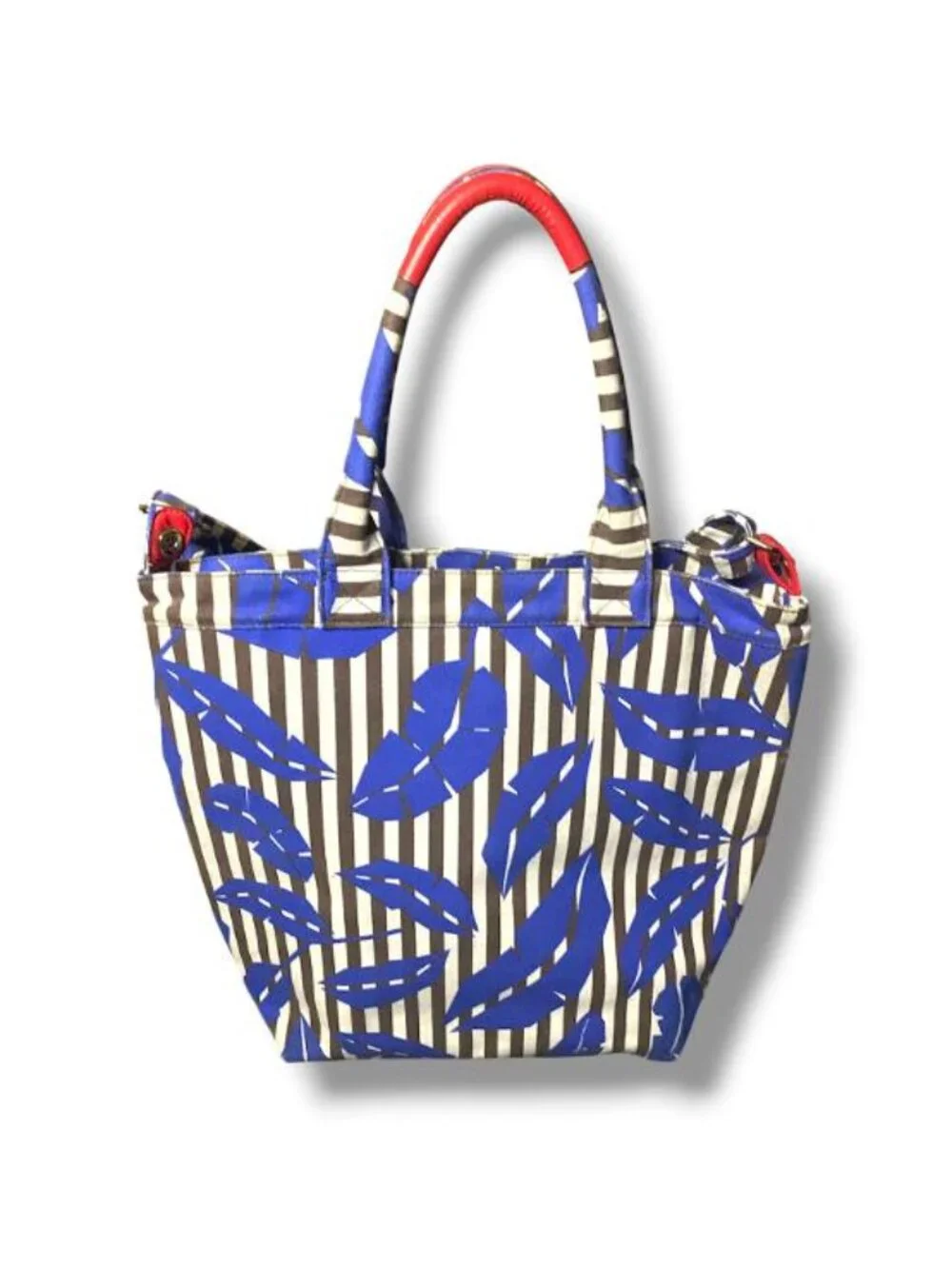 henri bendel Blue Leaf Print Striped Tote with Red Accent